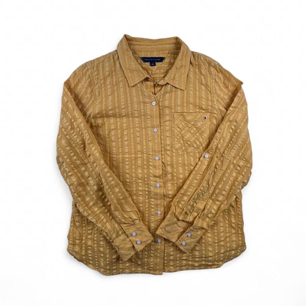 Tommy Hilfiger Yellow Button Up Shirt Womens L Textured Preppy Classic Casual